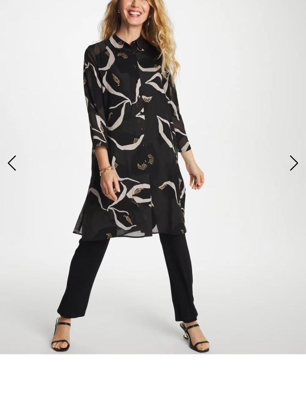 Chico's Black Sheer Button-Up Duster  with Cream and Gold Abstract Print